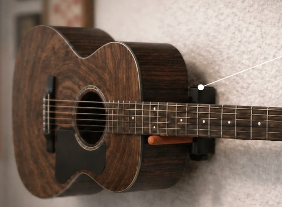 Texas Precision Mount holding an acoustic guitar on a wall