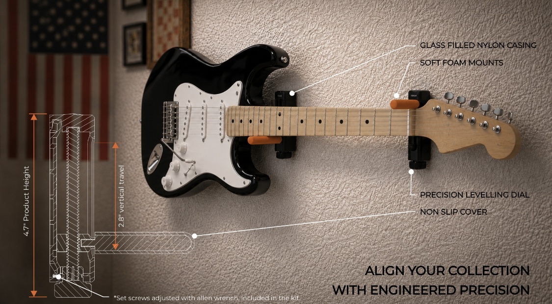 Texas Precision Mount feature callouts on a guitar wall display